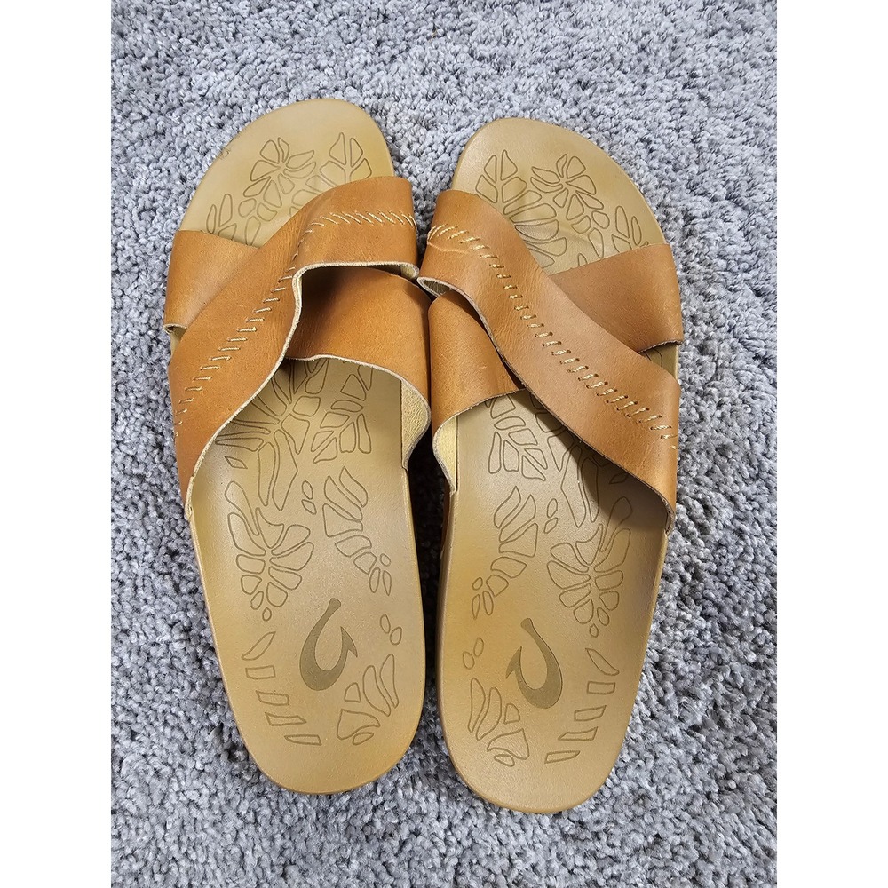 OluKai Kipe'a 'Olu Tan Leather Cross Strap Slide Sandals 20460-FMFM Womens 11